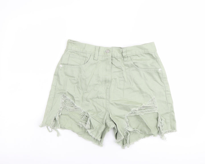 Rebellious Womens Green Cotton Boyfriend Shorts Size 10 L4 in Regular Button - Distressed Look Raw Hems