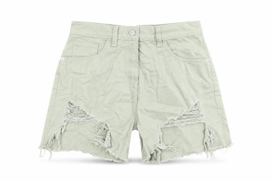 Front view of Rebellious women’s green cotton boyfriend shorts, size UK 10 regular button - distressed look raw hems