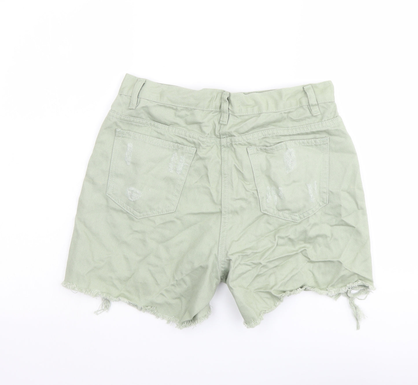 Rebellious Womens Green Cotton Boyfriend Shorts Size 10 L4 in Regular Button - Distressed Look Raw Hems