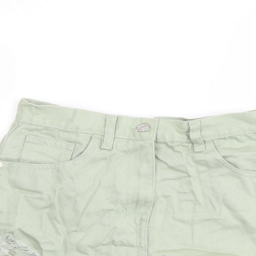 Rebellious Womens Green Cotton Boyfriend Shorts Size 10 L4 in Regular Button - Distressed Look Raw Hems