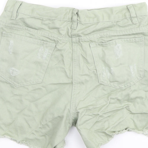 Rebellious Womens Green Cotton Boyfriend Shorts Size 10 L4 in Regular Button - Distressed Look Raw Hems