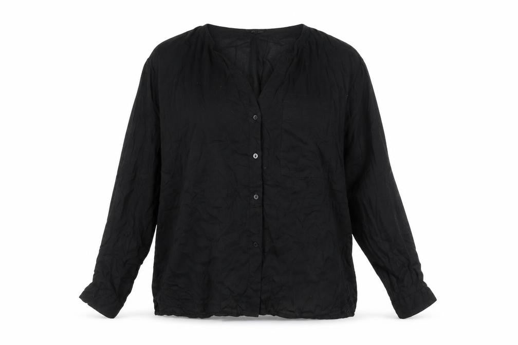 Front view of Lindex women’s black lyocell basic blouse, size M, v-neck