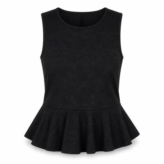 Front view of Topshop women’s black polyester basic tank, size UK 6, round neck