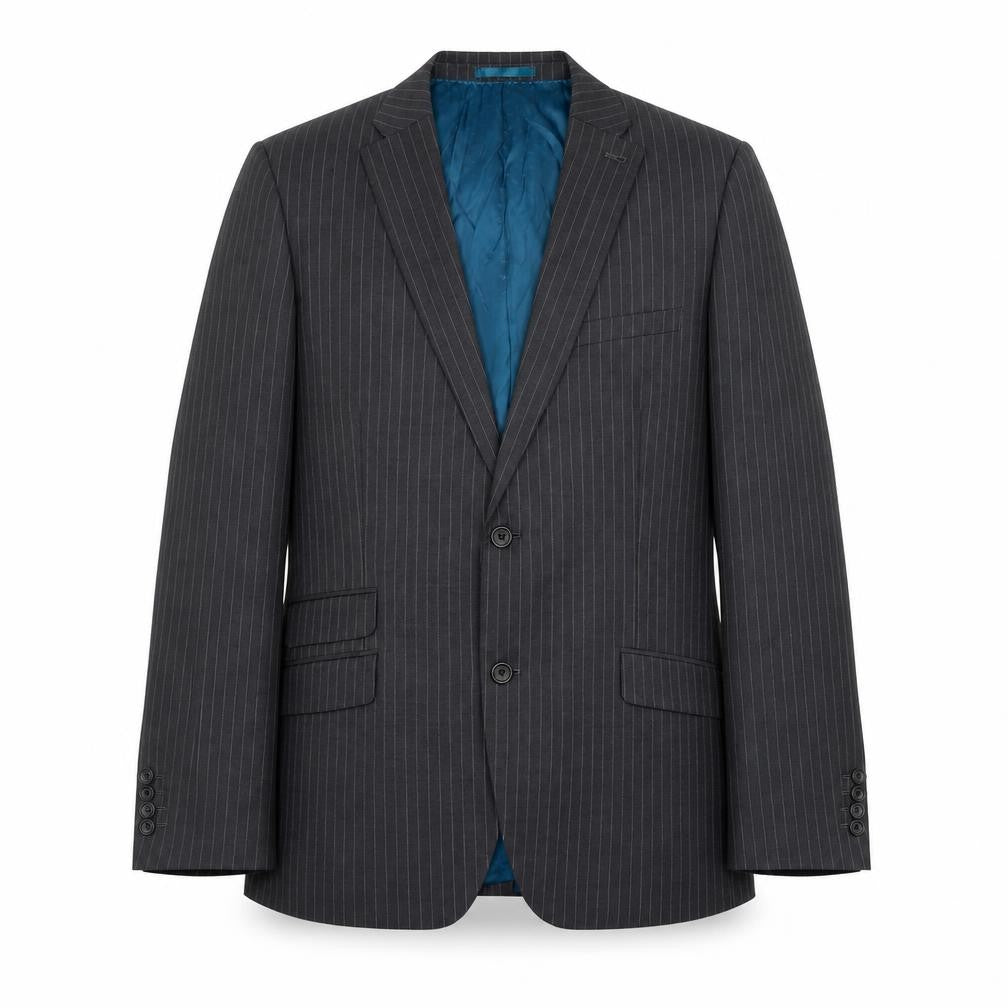 Front view of Next men’s grey striped wool jacket suit jacket, size 44, regular