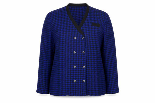 Front view of Dormar women’s blue check jacket blazer, size UK 16, button