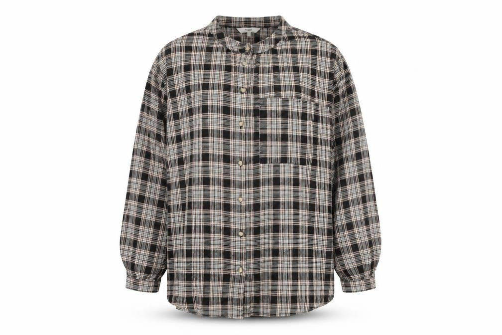 Front view of Next women’s brown plaid viscose basic button-up, size UK 12, round neck