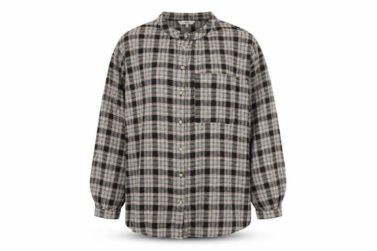 Front view of Next women’s brown plaid viscose basic button-up, size UK 12, round neck