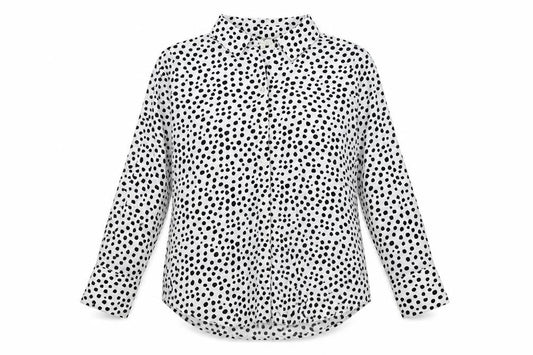 Front view of alex & lili women’s white polka dot polyester basic button-up, size XL, collared