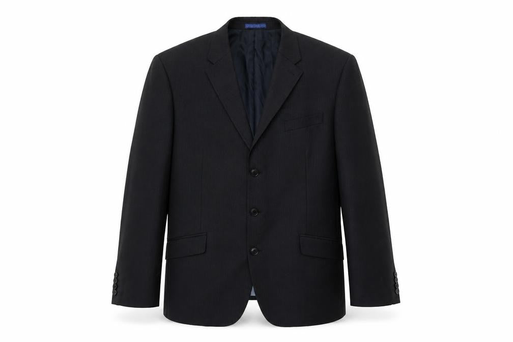 Front view of Next men’s black striped wool jacket suit jacket, size 44, regular