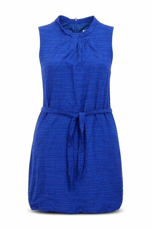 Front view of Country Casuals women’s blue striped polyester mini, size UK 16, round neck zip