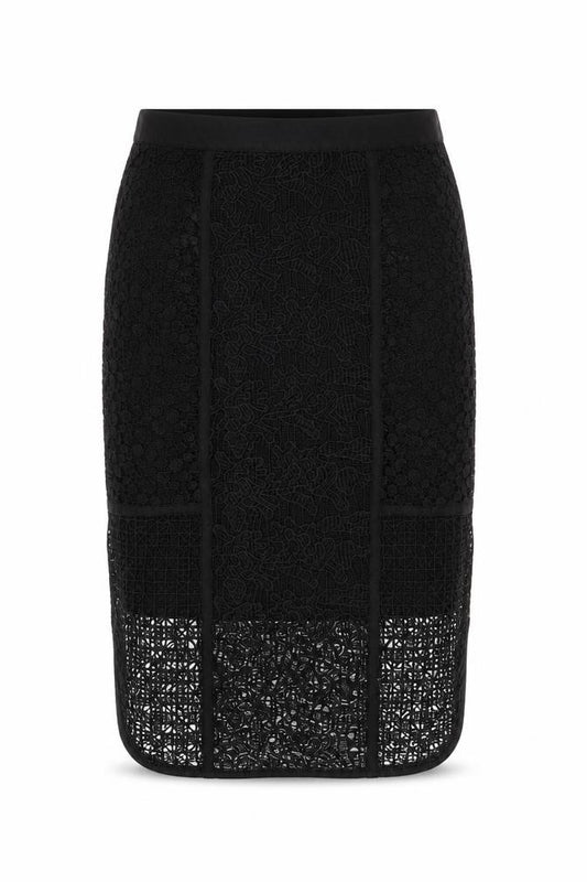 Front view of H&M women’s black geometric polyester a-line skirt, size UK 6, zip