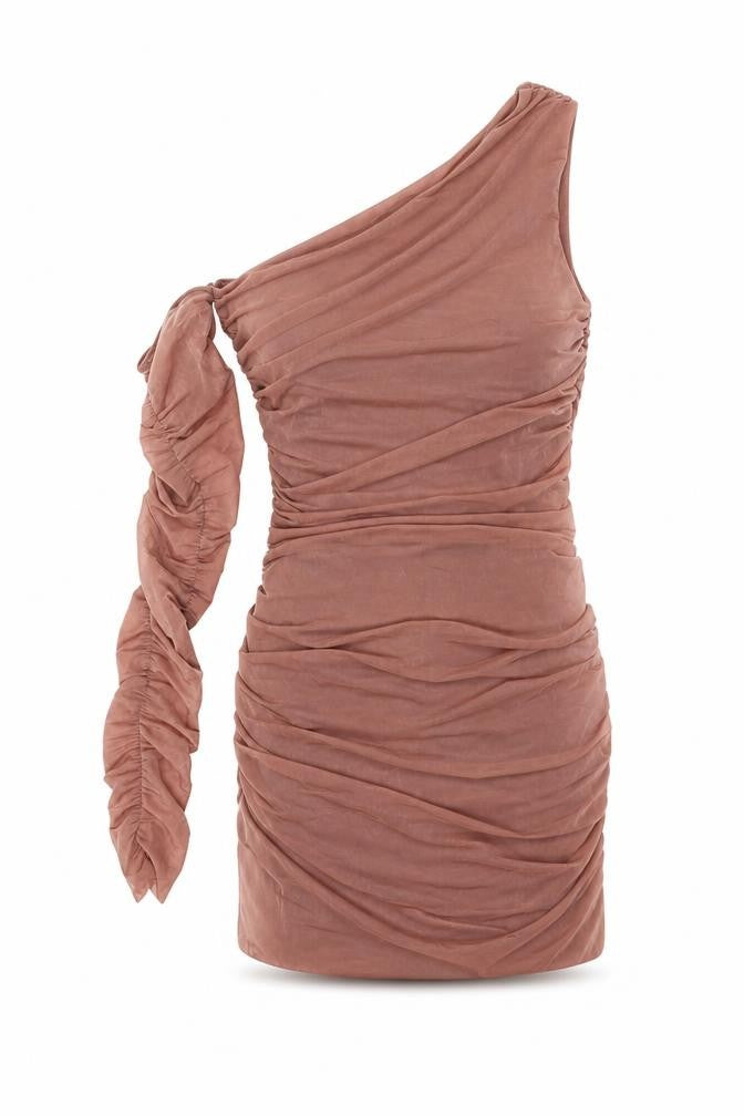 Front view of Zara women’s brown polyester bodycon, size S, off the shoulder pullover - asymmetric neckline