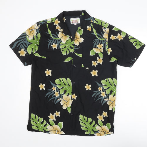 Waikiki Mens Black Geometric Polyester Button-Up Size S Collared Button - Leaf Print