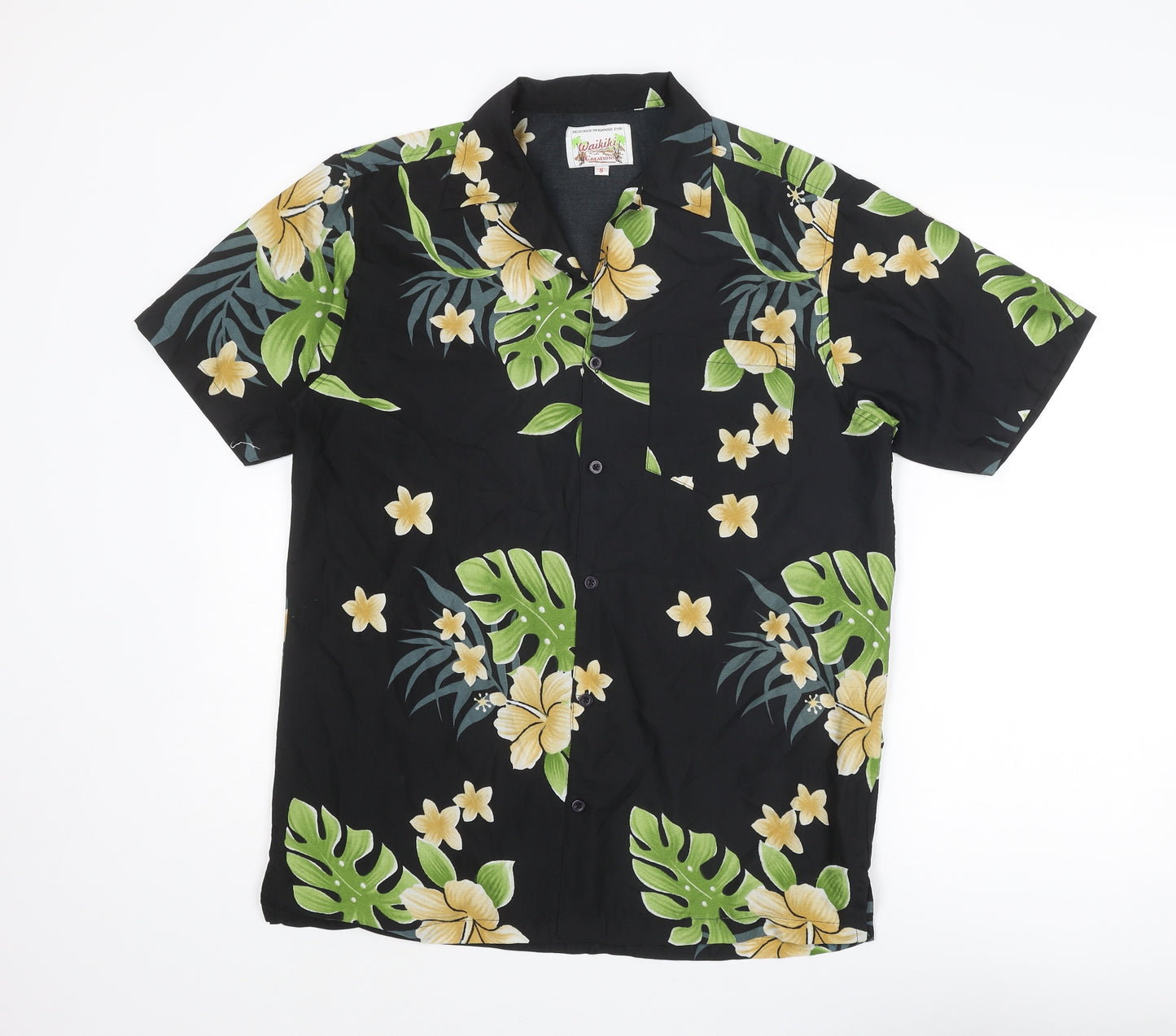 Waikiki Mens Black Geometric Polyester Button-Up Size S Collared Button - Leaf Print