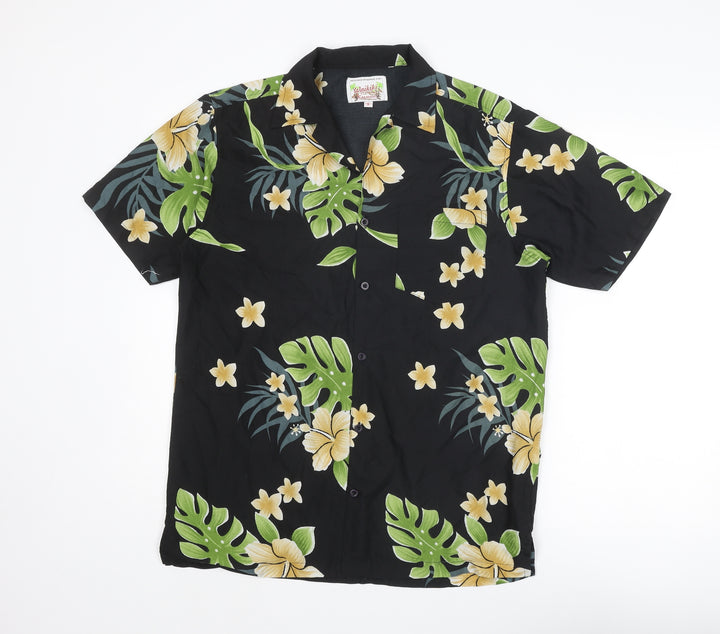 Waikiki Mens Black Geometric Polyester Button-Up Size S Collared Button - Leaf Print
