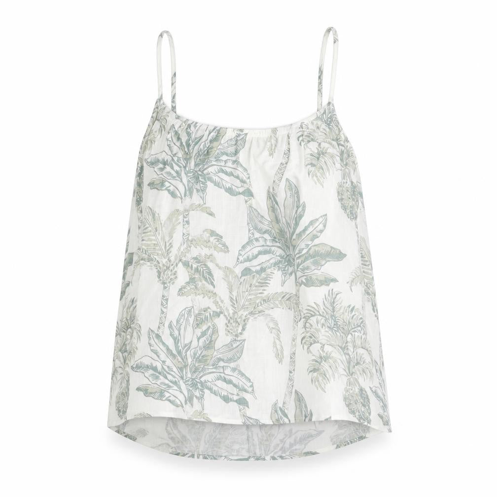 Front view of H&M women’s white geometric viscose basic tank, size M, round neck