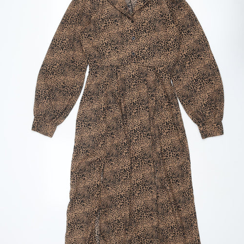 Lola May Womens Brown Animal Print Polyester Shirt Dress Size 8 Collared Button - Leopard Print