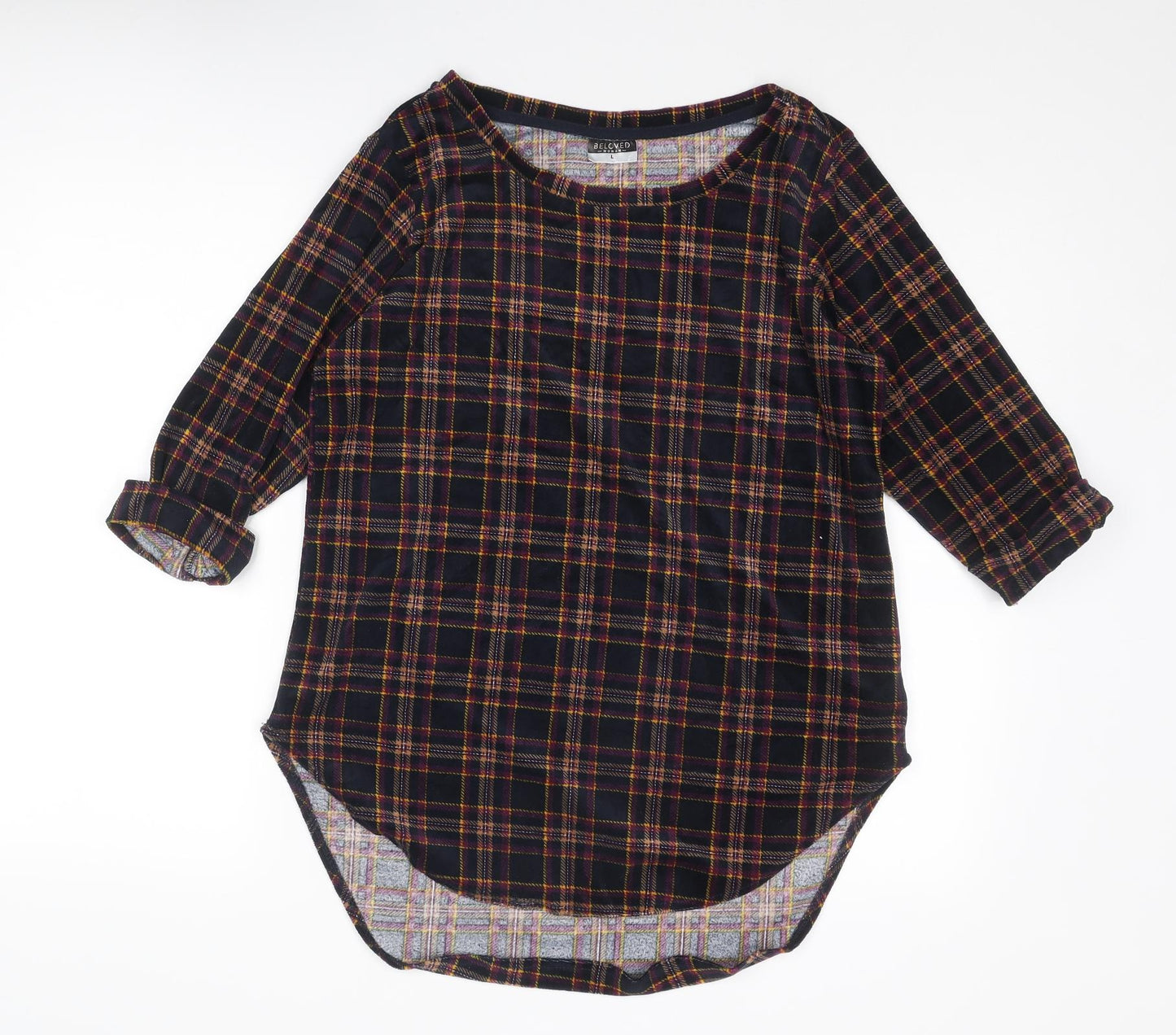 Beloved Womens Multicoloured Plaid Polyester Basic Blouse Size L Round Neck
