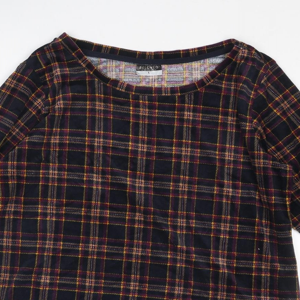 Beloved Womens Multicoloured Plaid Polyester Basic Blouse Size L Round Neck
