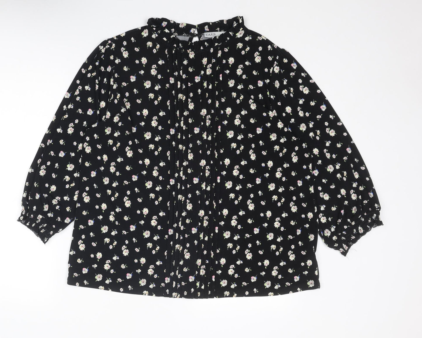 Oasis Womens Black Floral Polyester Basic Blouse Size XL Collared