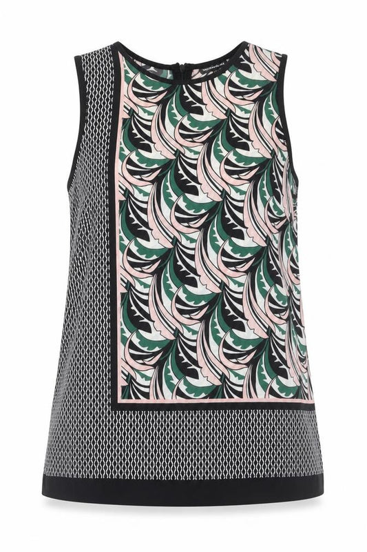 Front view of Warehouse women’s multicoloured geometric polyester basic tank, size UK 10, round neck
