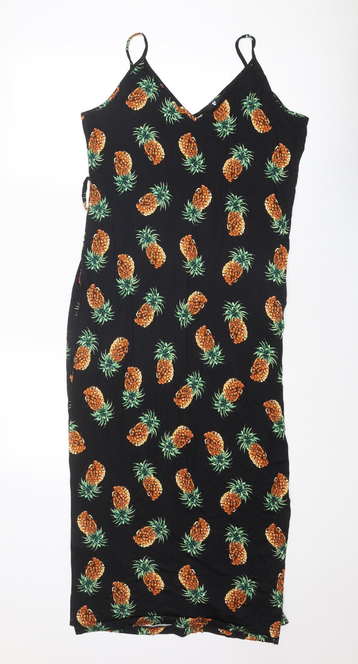 Very Womens Black Geometric Viscose Tank Dress Size 14 V-Neck Pullover - Pineapple Print