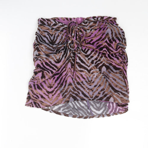 PRETTYLITTLETHING Womens Multicoloured Animal Print Polyester Mini Skirt Size 8 Zip - Ruched Detail