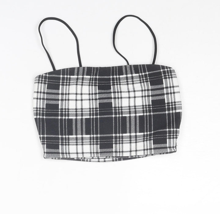 PRETTYLITTLETHING Womens Black Plaid Polyester Cropped Tank Size 4 Square Neck