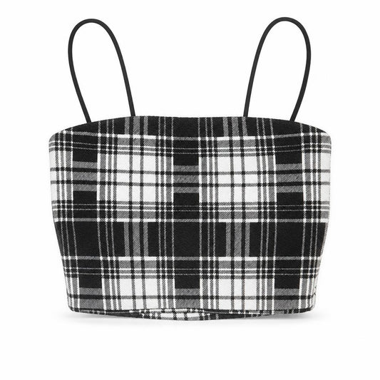 Front view of PRETTYLITTLETHING women’s black plaid polyester cropped tank, size UK 4, square neck