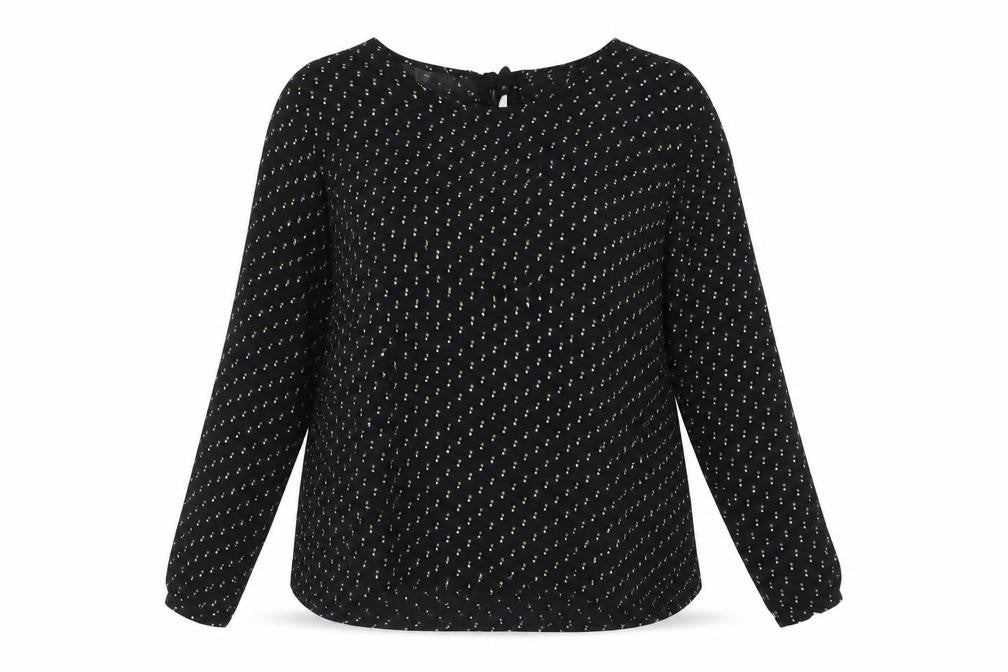 Front view of Masai women’s black geometric viscose basic blouse, size M, boat neck