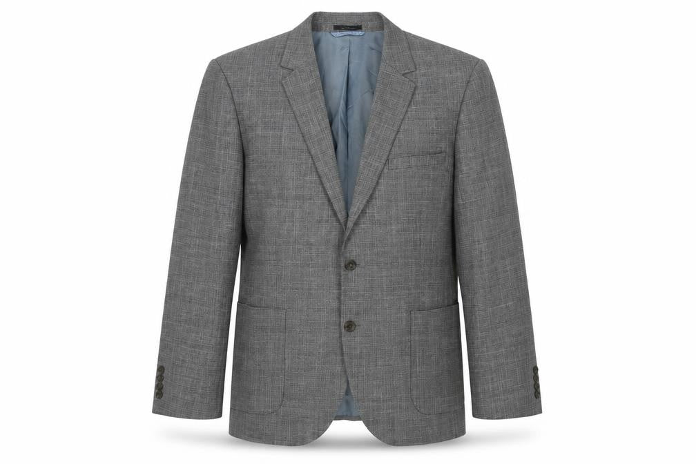 Front view of Marks & Spencer men’s grey plaid polyester jacket suit jacket, size 44, regular