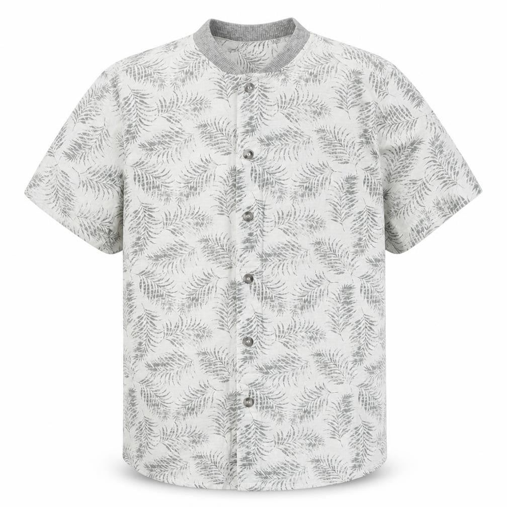 Front view of Next boys’ white geometric cotton basic button-up, size 7, years round neck button - leaf pattern