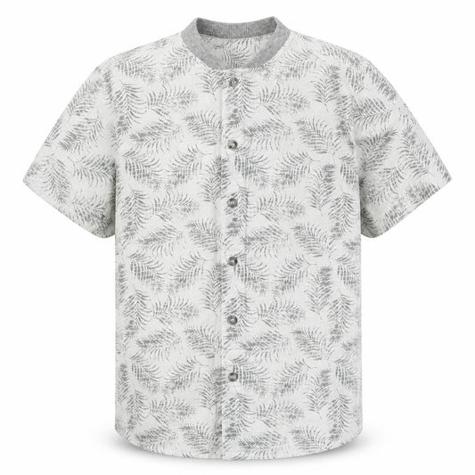 Front view of Next boys’ white geometric cotton basic button-up, size 7, years round neck button - leaf pattern