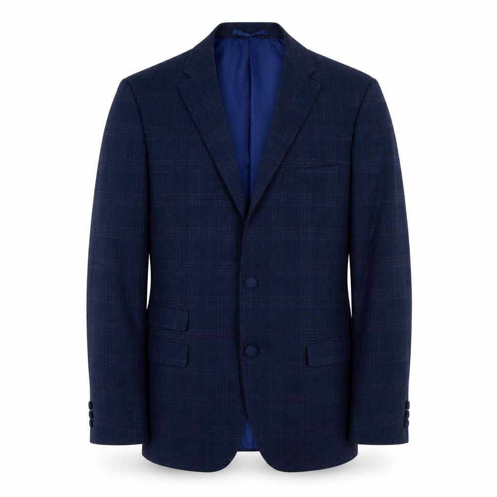 Front view of ONESIX5IVE5ive men’s blue plaid polyester jacket suit jacket, size 36, regular