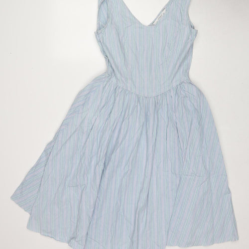 St Michael Womens Blue Striped Cotton A-Line Size 12 V-Neck Zip