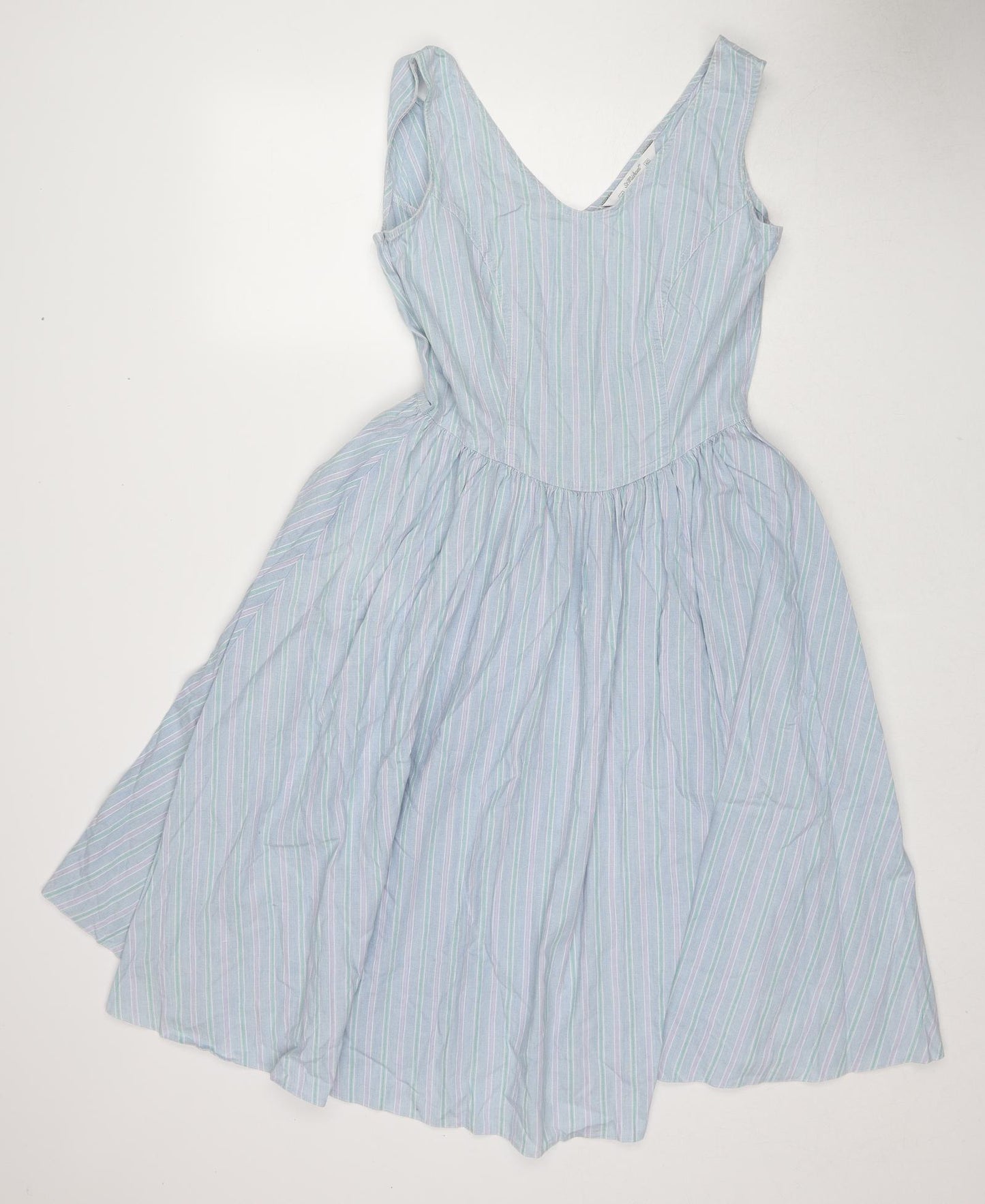 St Michael Womens Blue Striped Cotton A-Line Size 12 V-Neck Zip
