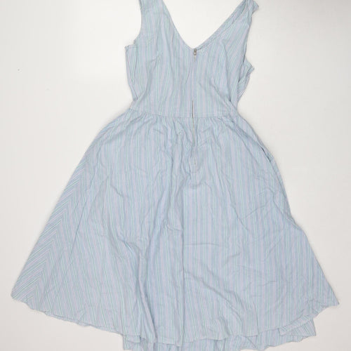 St Michael Womens Blue Striped Cotton A-Line Size 12 V-Neck Zip