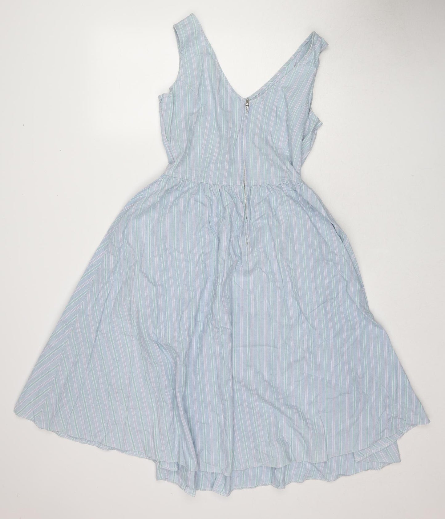 St Michael Womens Blue Striped Cotton A-Line Size 12 V-Neck Zip