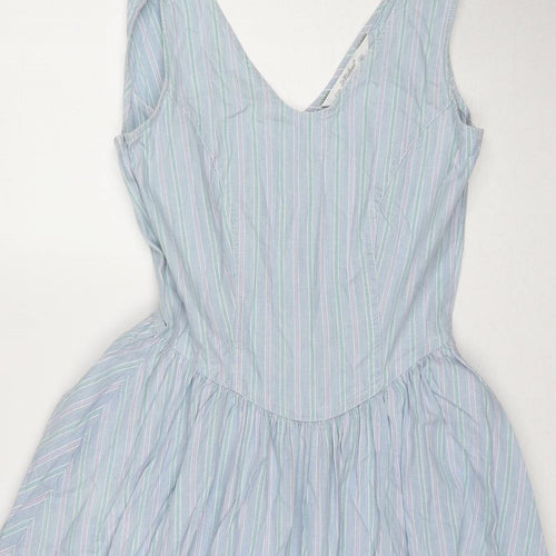 St Michael Womens Blue Striped Cotton A-Line Size 12 V-Neck Zip