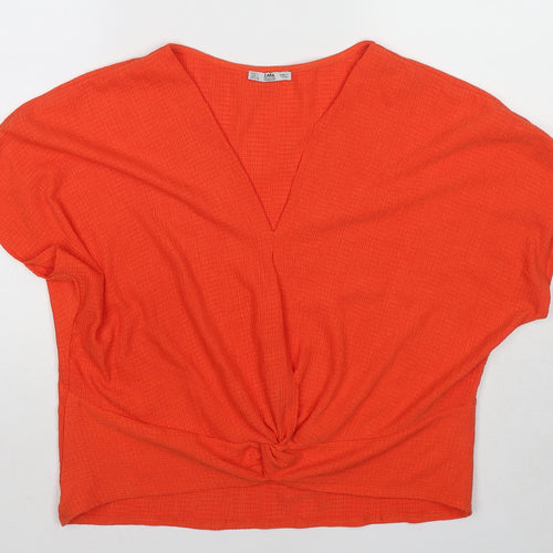 Zara Womens Orange Polyester Basic Blouse Size L V-Neck - Twist Detail