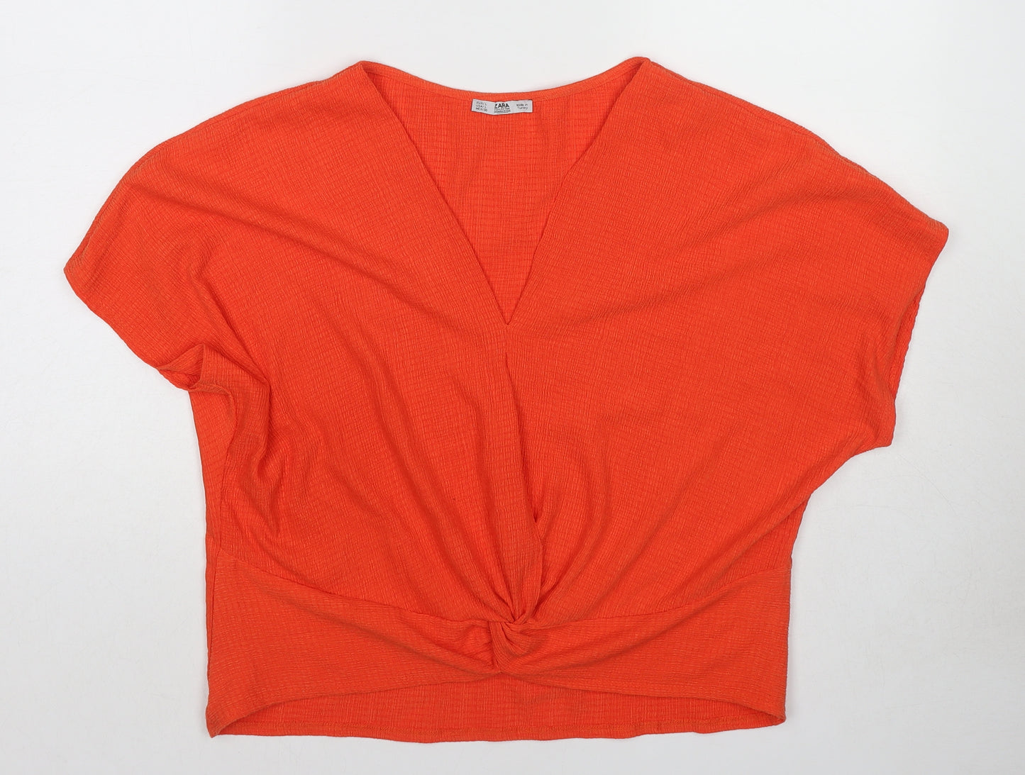 Zara Womens Orange Polyester Basic Blouse Size L V-Neck - Twist Detail