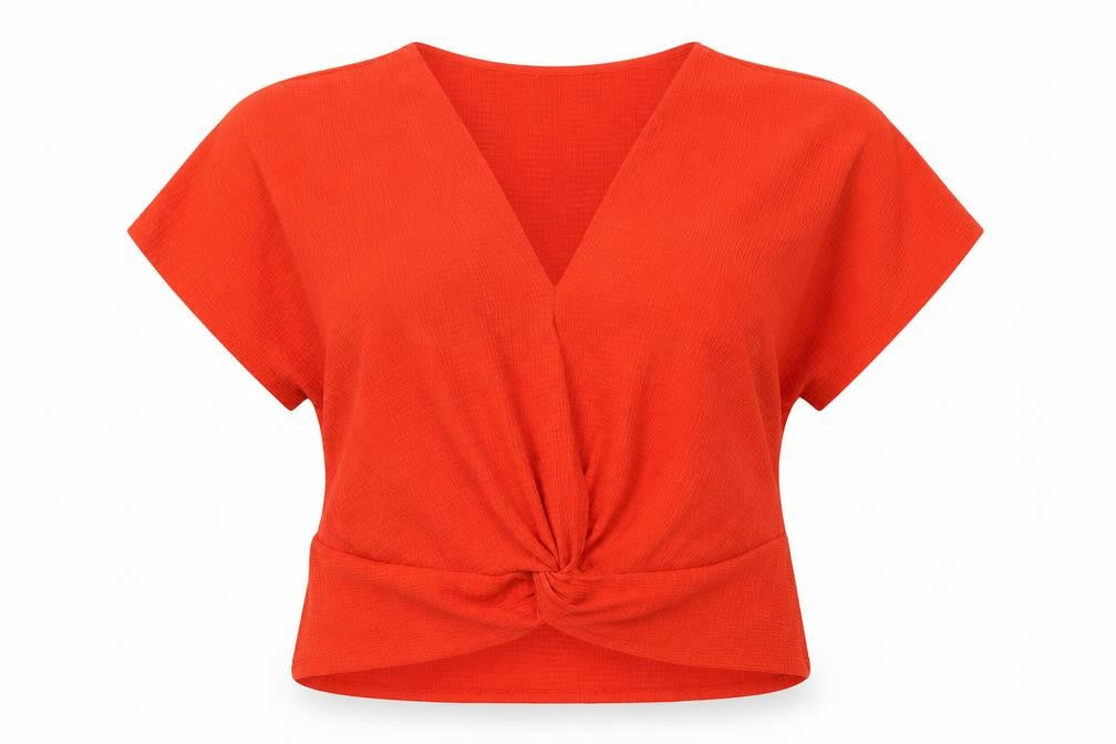 Front view of Zara women’s orange polyester basic blouse, size L, v-neck - twist detail
