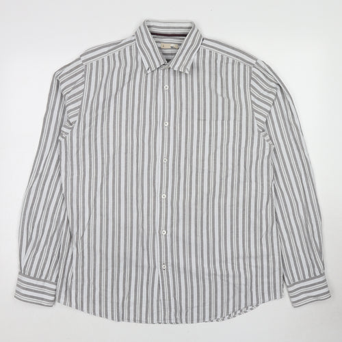 John Lewis Mens Grey Striped Cotton Button-Up Size L Collared Button