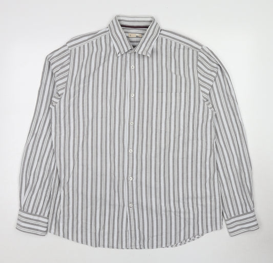 John Lewis Mens Grey Striped Cotton Button-Up Size L Collared Button