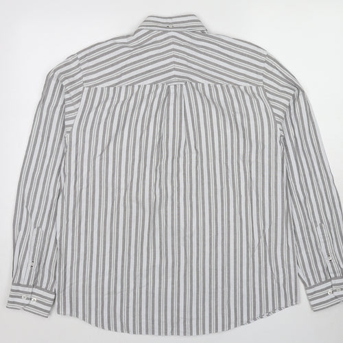 John Lewis Mens Grey Striped Cotton Button-Up Size L Collared Button