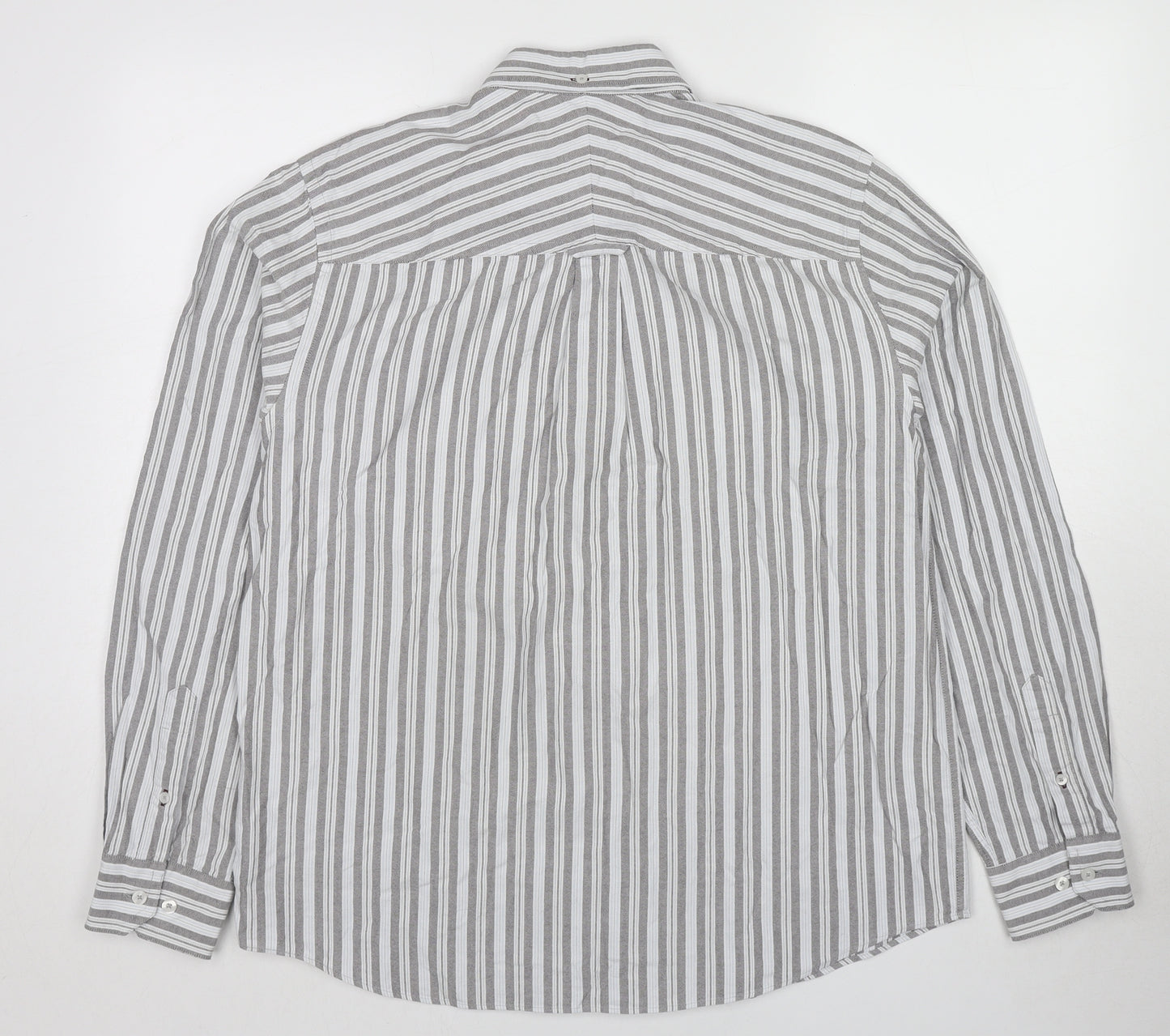 John Lewis Mens Grey Striped Cotton Button-Up Size L Collared Button