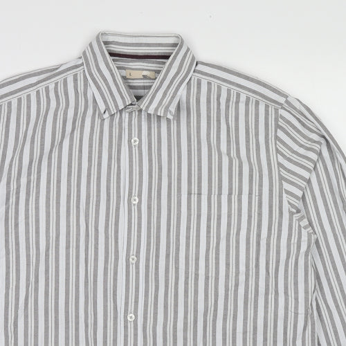 John Lewis Mens Grey Striped Cotton Button-Up Size L Collared Button