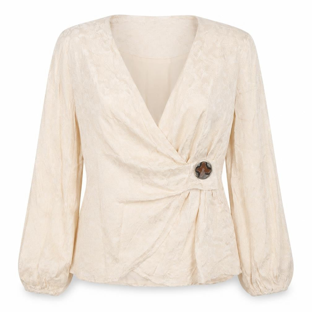 Front view of Fracomina women’s ivory viscose basic blouse, size S, v-neck