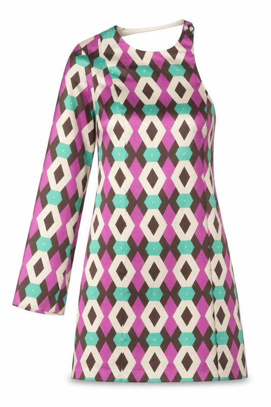 Front view of Zara women’s multicoloured geometric polyester mini, size S, one shoulder zip