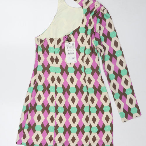 Zara Womens Multicoloured Geometric Polyester Mini Size S One Shoulder Zip